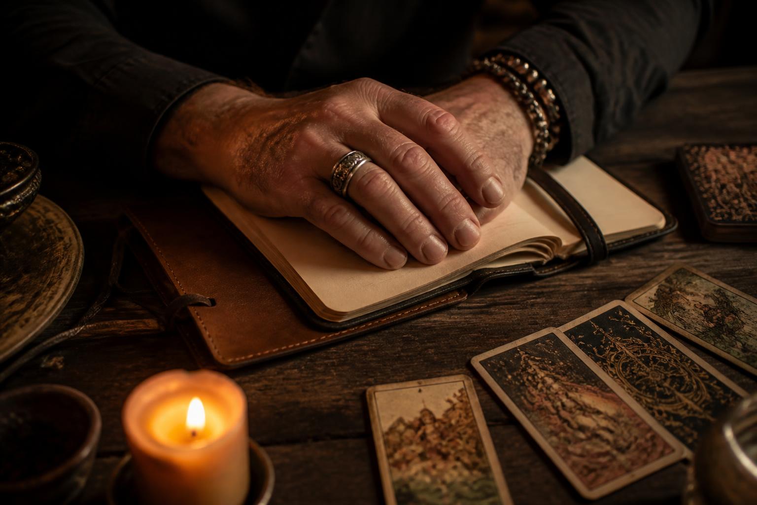 Manos del maestro sobre libreta y cartas, iluminadas por vela