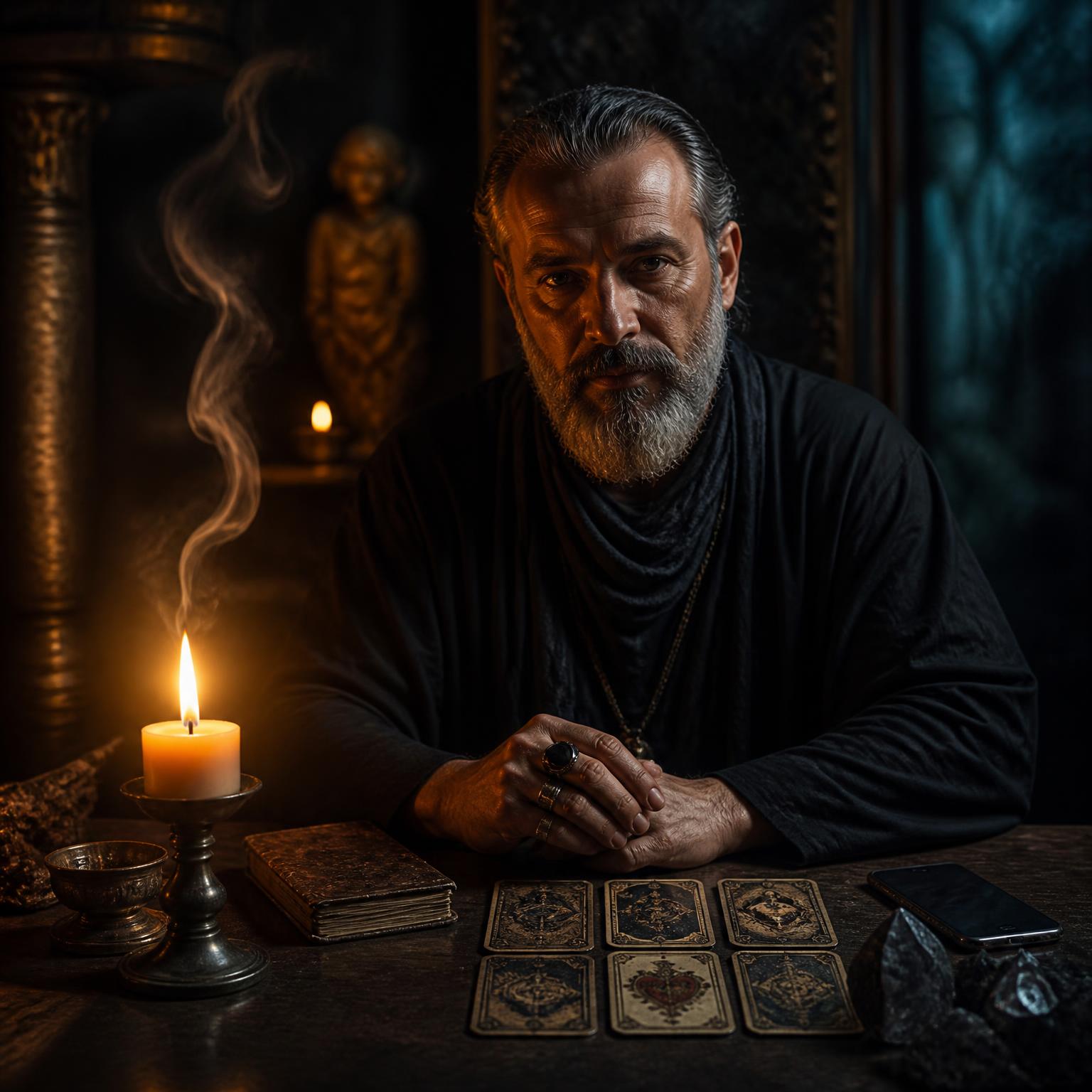 Maestro espiritual en consulta privada, iluminado por vela sobre mesa de madera oscura